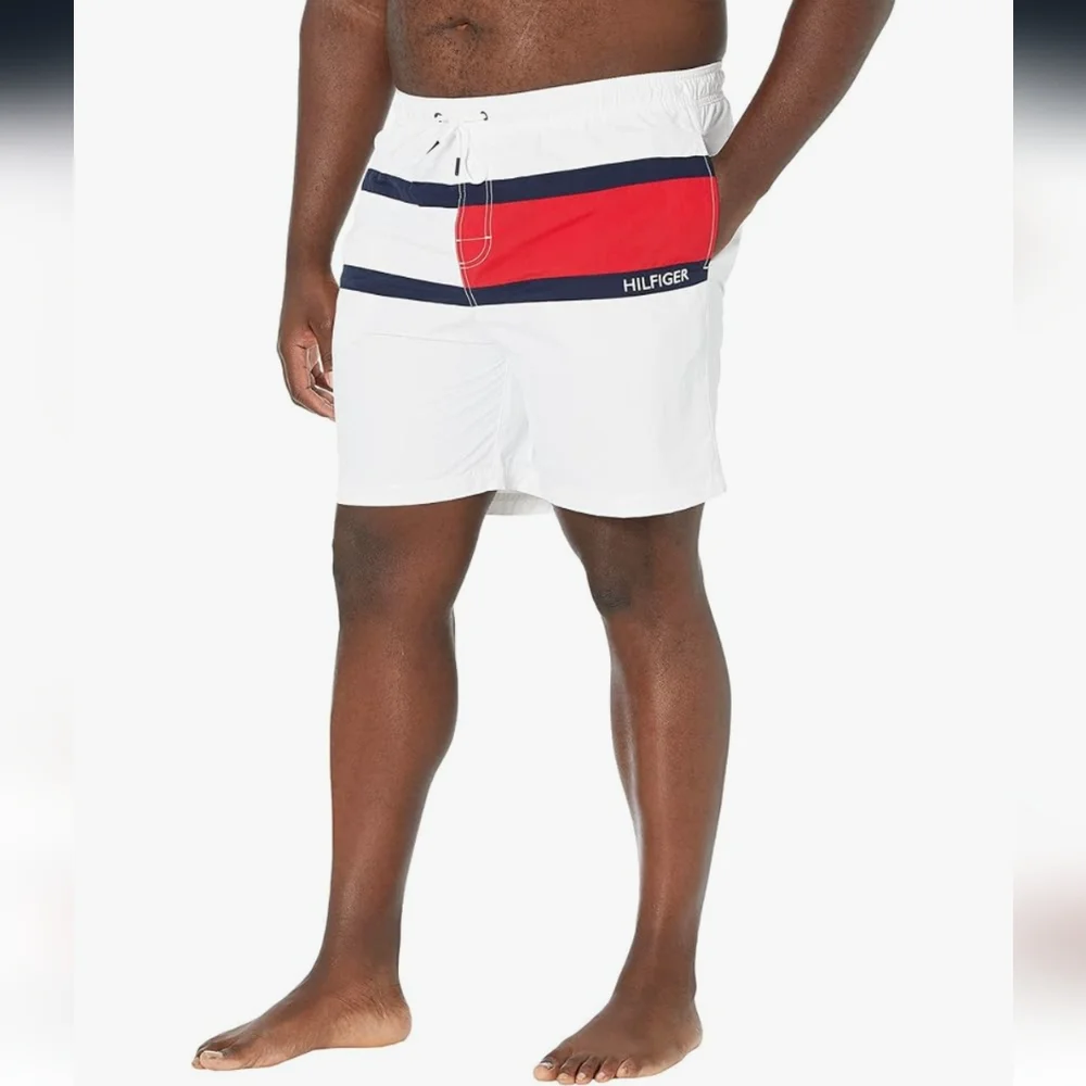 Tommy Hilfiger Men's 7” Flag Swim Trunks with Quick Dry White Size XL 🆕